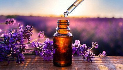 glass dropper pipette dropping a drop of French lavender essential oil Lavandula dentata aromatherapy, Amber glass bottle, flowers field, Lavanda óleo essencial