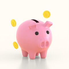 3d illustration piggy bank with coin isolated on white background. Business investment, saving money concept.