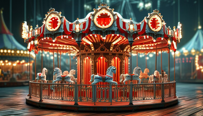 Obraz premium Halloween product display background podium, spooky carnival carousel, eerie red, white stripes, wooden texture, flickering lanterns, eerie glow, carnival rides, dim circus lights, ad, podium platform