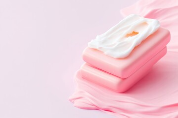 Stacked pink bars of soap with a dollop of creamy white lotion