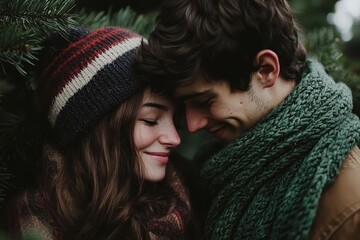 couple sharing tender moment surrounded by evergreen foliage, showcasing warmth and affection. Their cozy attire and close proximity evoke feelings of love and intimacy