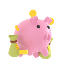 3d render piggy bank with coin and money bag isolated on PNG transparent background. Business investment, saving money concept.