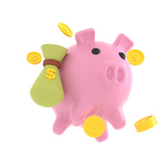 3d illustration piggy bank with coin and money bag isolated on PNG transparent background. Business investment, saving money concept.