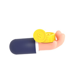 3d render hand with coin isolated on PNG transparent background. Business investment, saving money concept.