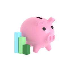 3d illustration piggy bank with bar diagram isolated on PNG transparent background. Business investment, saving money concept.