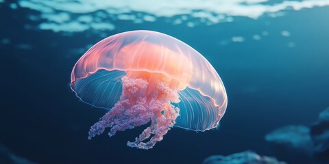 Obraz premium Cute 3D Jellyfish Floating Near Ocean Surface in Serene Environment
