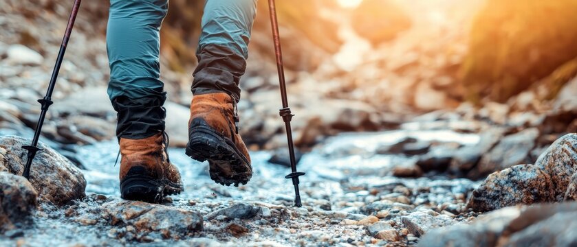 Hiker navigating through rocky stream with walking sticks, showcasing determination and adventure in nature. sunlight creates warm atmosphere, enhancing outdoor experience - Powered by Adobe