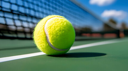 Yellow Tennis Ball on Green Court Near Net