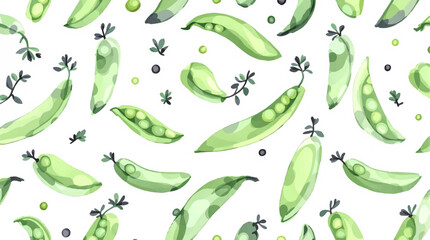Seamless pattern with watercolor green peas drawing illustration on white background	