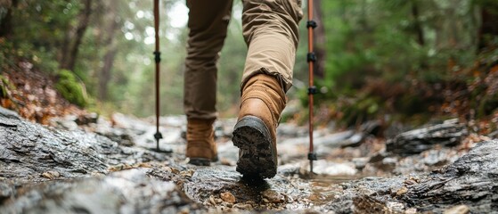 hiker navigating rocky trail with walking stick, showcasing determination and adventure in lush forest setting. scene captures essence of outdoor exploration and connection with nature