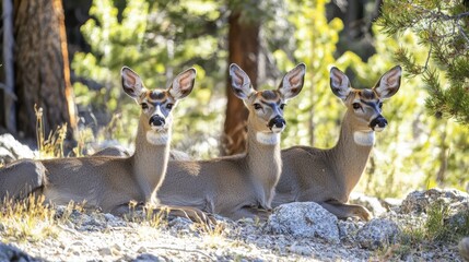 family of deer resting peacefully in cool shade of trees, surrounded by nature beauty. Their calm demeanor reflects serene moment in wilderness