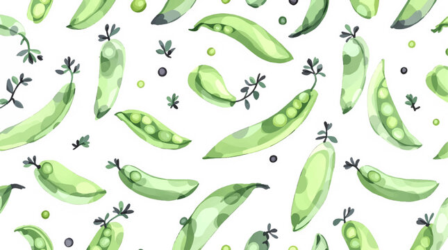 Seamless pattern with watercolor green peas drawing illustration on white background	