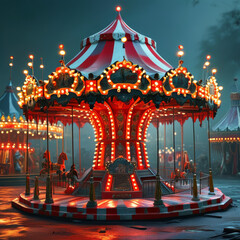 Halloween product display background podium, spooky carnival carousel, eerie red, white stripes, wooden texture, flickering lanterns, eerie glow, carnival rides, dim circus lights, ad, podium platform