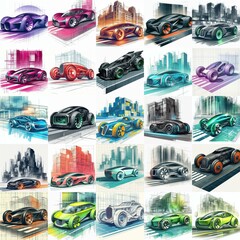 Futuristic concept cars moving along street. Blending watercolor and blueprint. AI generated illustration