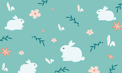 Happy Easter seamless pattern. Cute bunnies, flowers and leaves on mint background. Vector illustration flat design.
