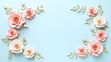 Fototapeta premium Delicate paper craft roses, Circular frame, Soft blue background,