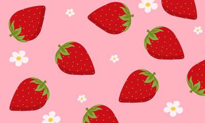 Seamless pattern with strawberry and cute flower on pink background. Strawberry and white flower icons set vector.