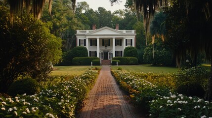 Obraz premium Southern mansion framed by trees, brick path through vibrant flowers, tranquil and serene