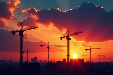 Fototapeta premium Dark silhouettes of construction cranes against vibrant sunset sky, industry, project