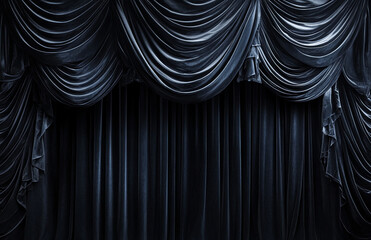 A dramatic stage curtain in dark blue velvet with elegant draping and soft lighting creating depth