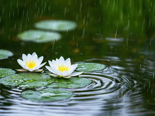 Water lilies with raindrops create ripples in serene pond