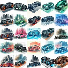 Futuristic concept cars moving along street. Blending watercolor and blueprint. AI generated illustration