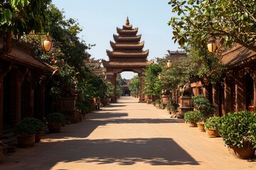 Fototapeta premium Ornate architecture lines a cobblestone street, leading to an elaborate pagoda archway