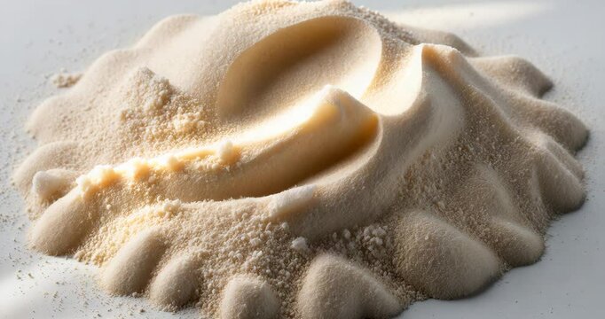 Clean quartz sand on a white background. Fine fraction texture of sand. Close-up top view of sand.