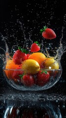 Fresh Strawberries Lemons and Oranges Splashing in Glass Bowl