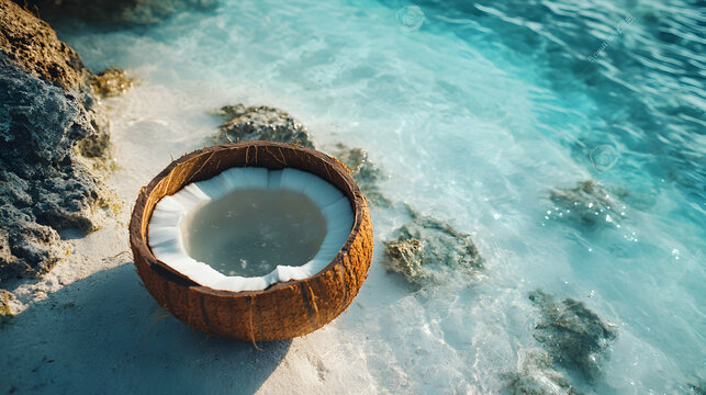 Refreshing palauan coconut water served in a natural shell on a tropical beach