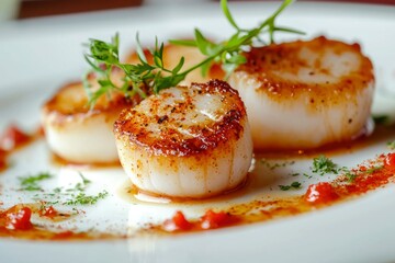 Golden seared scallops garnished with fresh herbs and a red sauce drizzle on a white plate
