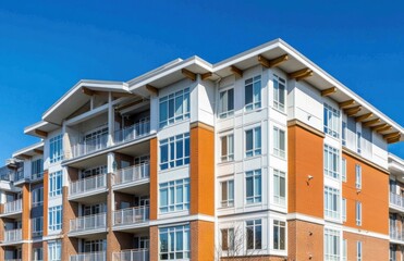 Obraz premium Modern apartment building with large glass windows under a clear blue sky, showcasing urban living