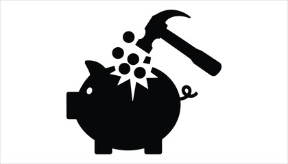 Piggy Bank with Hammer. Breaking, Saving, Financial Crisis, Money Icon Vector.