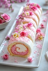 Pink rainbow roll cake, with a pink and white color scheme, features a delicate cream filling in the middle of each slice.