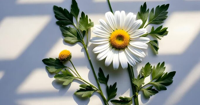 Chamomile or daisies with leaves separated on a background. Aerial perspective. Flat lay.