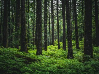 Obraz premium serene forest scene featuring tall evergreen trees surrounded by lush green ferns, creating tranquil and vibrant atmosphere. interplay of light and shadow enhances natural beauty