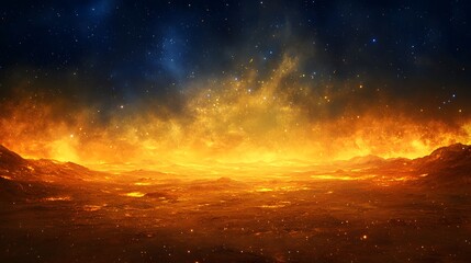 Fototapeta premium Fiery blaze burning in the sky above an alien landscape creating a striking visual of the cosmic realm