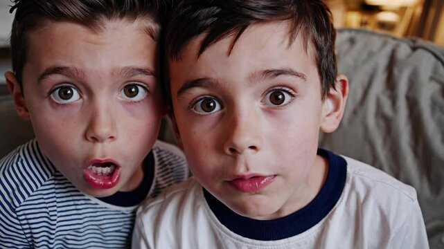 Two young brothers wearing pajamas are sitting on a sofa, making silly faces, hiding behind cushions, and enjoying playful time together at home