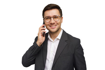 Professional man in suit smiling while talking on phone in a studio setting during daytime