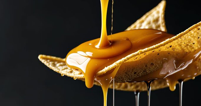 Close-up image of a nacho with liquid cheese cascading from it against a black backdrop.