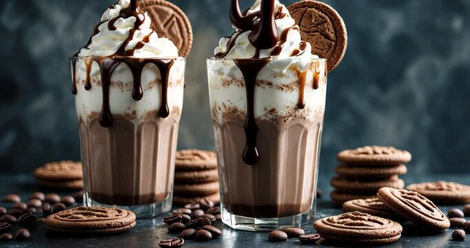 Chocolate frappe topped with whipped cream, syrup, and cookies.