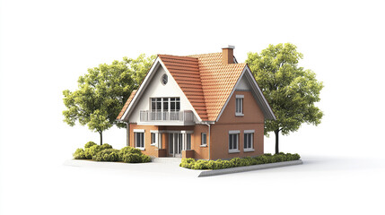 Charming brick house with red roof surrounded by lush trees