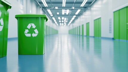 A green recycling bin stands in a modern facility, illuminated by bright lights, emphasizing cleanliness and environmental responsibility.