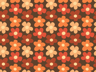 Floral seamless pattern with ornament consisting of simple illustrations of yellow, red, orange flowers on a brown background in a flat style.