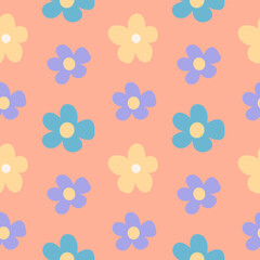 Floral seamless pattern with cute ornament consisting of simple illustrations of yellow, blue, violet flowers on a light orange background in a flat style.