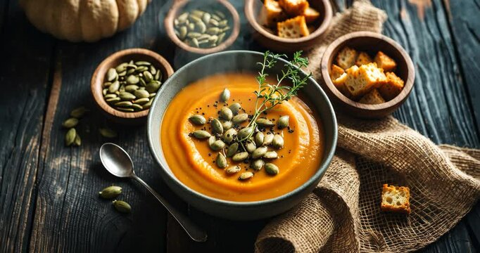 Bowl of pumpkin soup accompanied by bread crouton on the dark wooden table.
