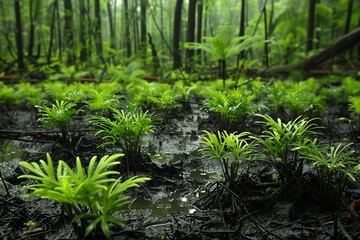Conservation of Club Mosses Lycopodium Miniature Giants of Carboniferous Age Show lush undergrowth of club moss carpeting damp forest floor their evolutionary root stretching back 300 million year