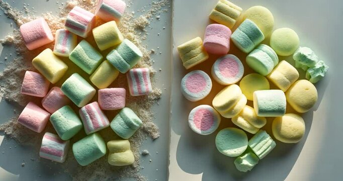 Vibrant mini marshmallows separated on a white background.