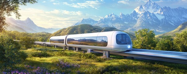 Fototapeta premium A futuristic train glides through lush greenery with majestic mountains in the background, showcasing a blend of technology and nature.