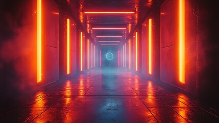 Naklejka premium Illuminated Futuristic Corridor with Neon Lights and Smoke Effects Background